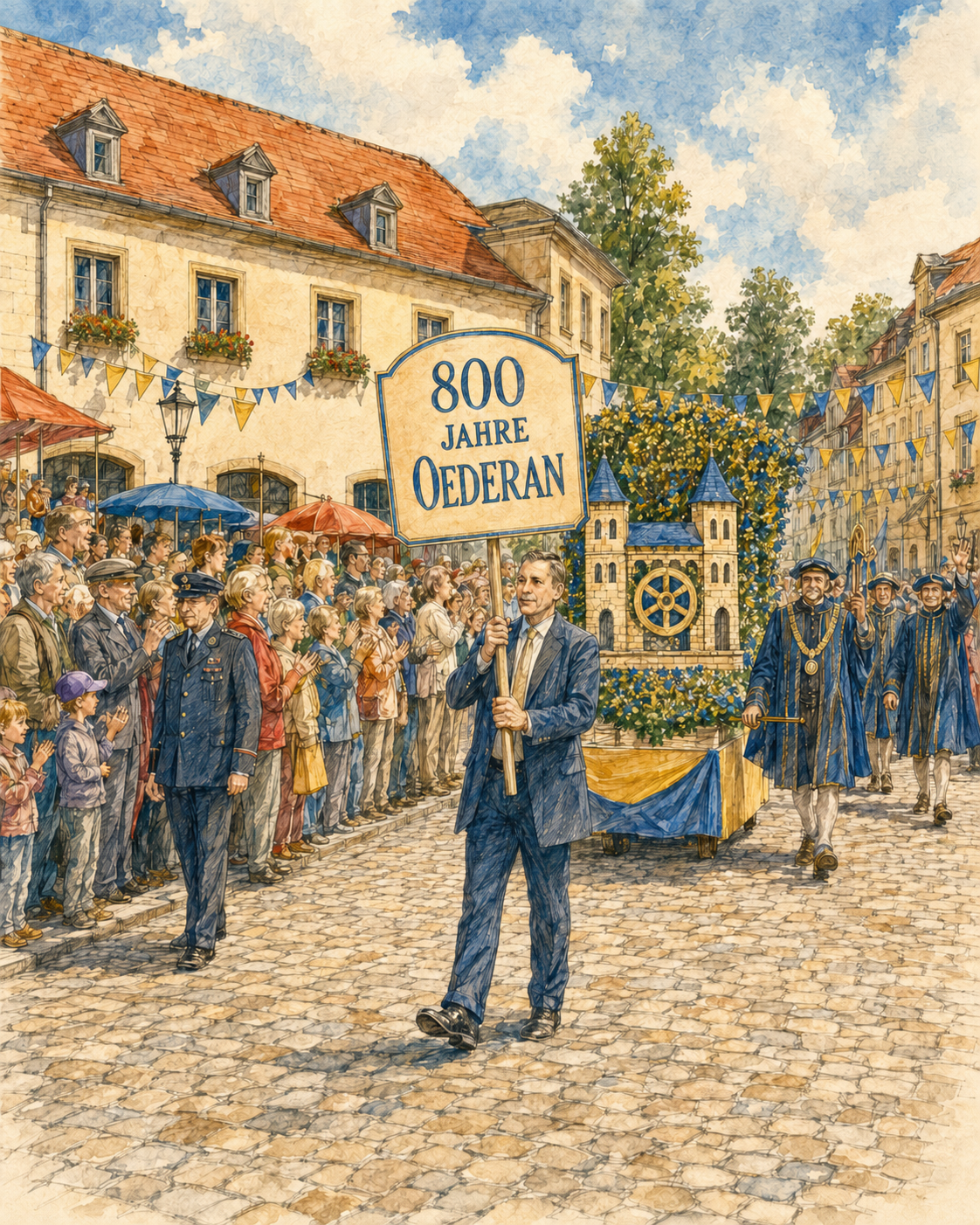 Illustration des historischen Festumzugs zur 800-Jahr-Feier in Oederan